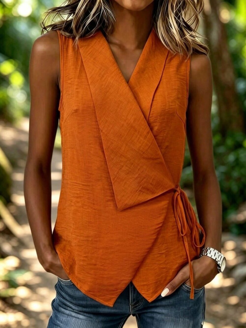 Orange Casual Women's French Old Money Lace-Up Slouchy Sleeveless Tank Top